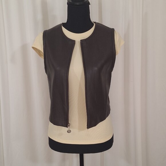 Objects D’Art Brown Pleather & Knit Vest Size Med 90s Artsy Vintage Made in USA - Picture 1 of 16